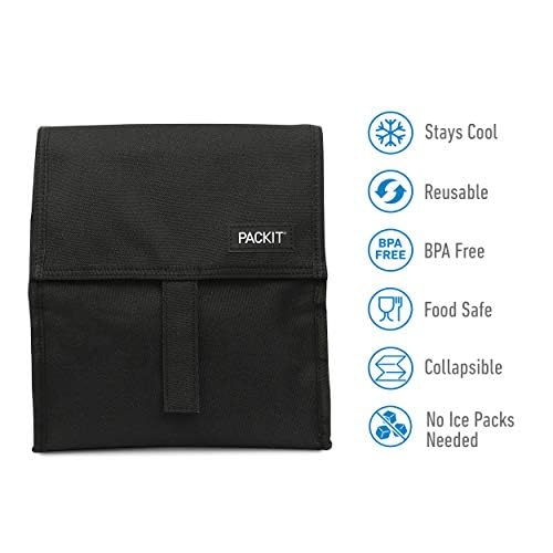 PackIt Freezable Lunch Bag, Black, Built with EcoFreeze Technology, Foldable, Reusable, Zip and Velcro Closure with Buckle Handle, Perfect for School and Office Lunches