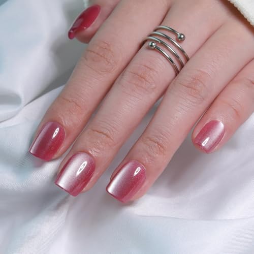 Jelly Rosy Pink Press On Nails Short Square – 30pc Kit with Cat Eye Glow