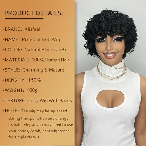 ALISFEEL Short Pixie Wig with Bangs - Egg Curly Human Hair, 602-1B