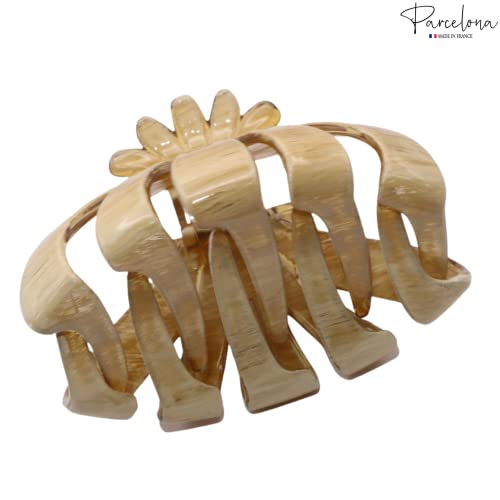 Parcelona French Fleur Medium 3.25" Wide Celluloid Claw Clips Covered Spring Fashion Durable Styling Clips Women Hair Accessories No Slip Grip Hair Clip for Girls, Made in France (Dusty Beige Brown)