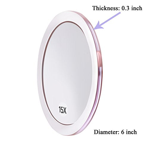 SANTOO 15X Magnifying Makeup Mirror with 3 Suction Cups - 6 Inch Round Travel & Bathroom Mirror - Rose Gold