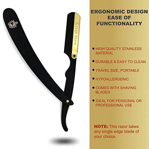 Professional Straight Razors For Men, Barber Razors, Straight Edge Razor Kit For Close Shaving - Beard Cut Throat Straight Razor Safety Shavette - 10 Shaving Blades By Krisp Beauty (Black/Gold)