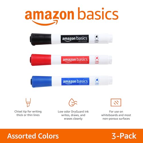 Amazon Basics Low-Odor Chisel Tip Dry Erase Whiteboard Marker, 3 Count, 1 Pack, Black, Red, Blue