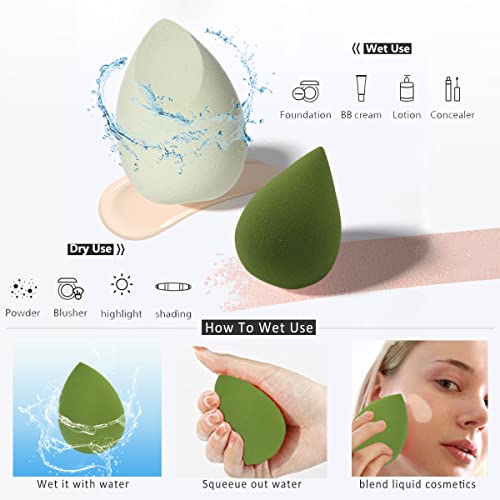 Leeshine Makeup Sponges Set 4 Pcs + Egg Case & Holder - Green, Pack of 5 for Flawless Face Makeup