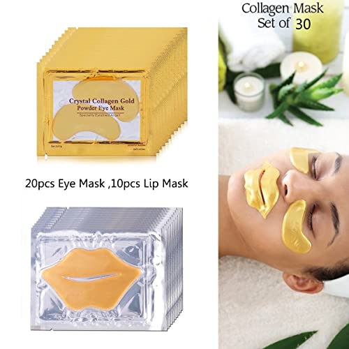 VERONNI Eye Lip Mask Set -20pcs Under Eye Patches,10pcs Gold Lip Mask -24K Gold Crystal Eye Lip Pads Treatment for Dry Lip,Dark Circles Eyes Moisturizing, Hydrating(Gold Eye Lip Mask Set)