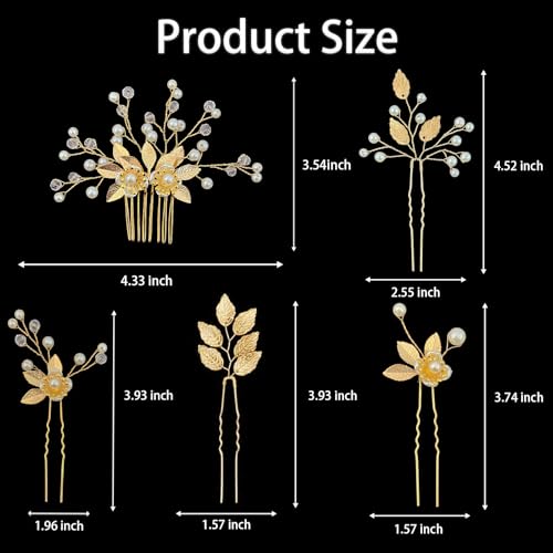 Gold Leaf Bridal Hair Pins with Pearl Rhinestones - 10 Pieces