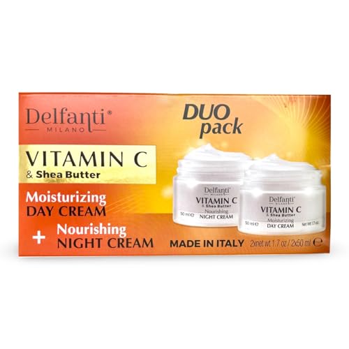 Delfanti-Milano ? VITAMIN C & SHEA BUTTER? DUO pack ? Day + Night Creams ? Face, Neck D?collet? Moisturizing and Nourishing Cream for renewed complexion ? Made in Italy