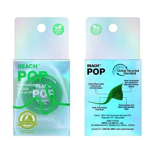 REACH POP Dental Floss, Peppermint, Plaque Remover for Teeth, Shred Resistant, Vegan Wax, Cruelty Free, Eco Friendly Packaging, Oral Care, PFAS Free, for Adults & Kids, 3 Pack, 54.6 yd
