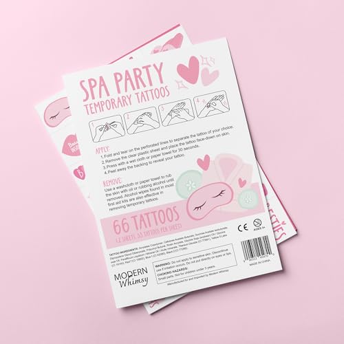 Spa Party Temporary Tattoos - 66 Kids Temporary Tattoos | Perforated Sheet for Easy Tear & Share | Slumber or Spa Party Favors, Girls Night, Pajama Birthday or Sleepover Supplies
