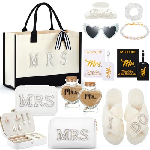 14 Pcs Bridal Shower Gifts Set Including Mrs Mr Travel Passport Tag Tote Cosmetic Bag Jewelry Box Claw Hair Clip Hair Tie Heart Sunglasses for Honeymoon Wedding Supplies(Women 9-10)