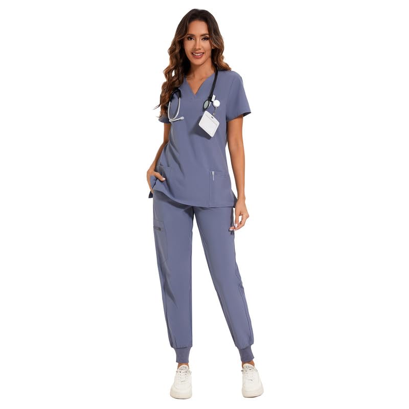 COZYFIT Scrubs for Women Set - Stretch V-Neck Scrub Top & Jogger Pant with 8 Pockets, Yoga Waistband, Anti Wrinkle, Slim Fit Women Scrubs - Grey, XS