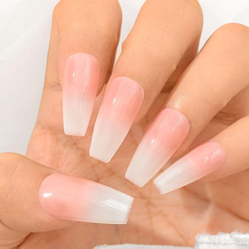 Sethexy Handmade Pink Gradient False Nails Acrylic Glossy Simple Fake Nails Long Coffin Press On Nails for Women and Girls 20PCS (Y)