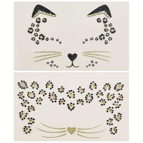 Halloween Cat Face Tattoos with Gems - 2 Pack
