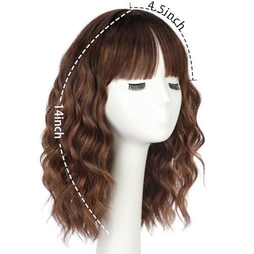 Brown Highlight Bob Wig with Bangs - Wavy Curly Short Hair