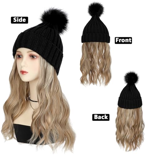 Women's Beanie Hat with 20" Wavy Hair Extensions - Knit Pom Cap