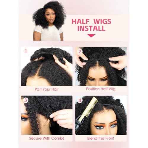 ORIGINAL QUEEN Kinky Curly Half Wig Human Hair 3 In 1 Seamless Flip Over Glueless Wigs for Women Wear Go Wig with Adjustable String Invisible Hairline Beginner Friendly 24Inch
