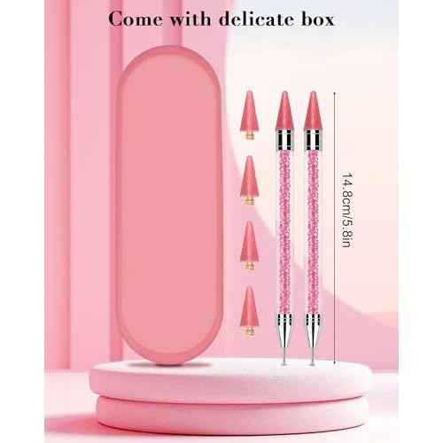 Rolybag Rhinestone Picker Tool, 2PCS Rhinestone Applicator Tool Dotting Wax Pen Dual-Ended with 4PCS Replaceable Wax Tips for DIY Nail Art Tool (Pink)