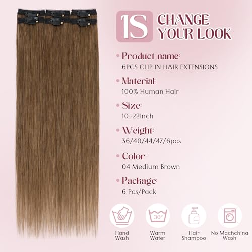 S-noilite 6Pcs Clip in Human Hair Extensions,Remy Single Clip in Hair Extensions 6Pcs 6clips Straight Light Brown Seamless Hairpieces for Women 20Inch 44g