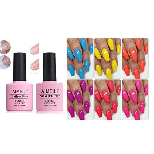 AIMEILI Gel Nail Polish Summer Color Gel Polish, Builder Base and No Wipe Top Set