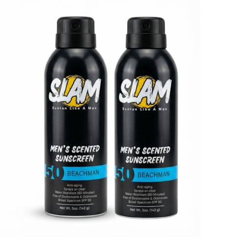 SLAM BeachMan Men's Scented Sunscreen Spray ? Broad Spectrum SPF 50, Water & Sweat Resistant, Mens Sunblock, UVA/UVB Protection ? Cedarwood Scented Sunblock for Body (SPF 50)
