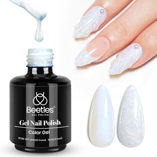 Beetles Pearl Gel Nail Polish, 1 Pcs 15ml Pearl White Glitter Blue Gel Polish Soak Off Shimmer Nail Art Crystal Snowflakes Manicure Salon Diy Home Uv Gel Nail Art Designm