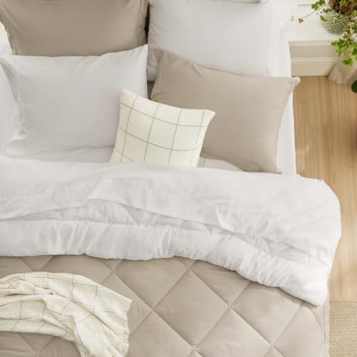 Bedsure Beige and White Twin Comforter Set - 5 Pieces Reversible Twin Bed in a Bag, Twin Bed Set Beige and White with Comforters, Sheets, Pillowcase & Sham