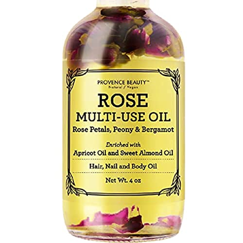 Multi-Use Oil for Face, Body and Hair - Organic Blend of Apricot, Vitamin E and Sweet Almond Oil Moisturizer for Dry Skin, Scalp and Nails - Rose Petals, and Bergamot Essential Oil - 4 Fl Oz