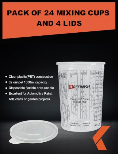 KREFINISH 32 Oz Clear Plastic Mixing Cups with Lids - Disposable & Reusable for Epoxy, Paint, Resin, Automotive, Art Projects (Box of 24 + 4 Lids)