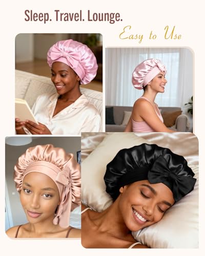 BONNET QUEEN Satin-Lined Sleep Bonnet with Tie Band - Medium Black