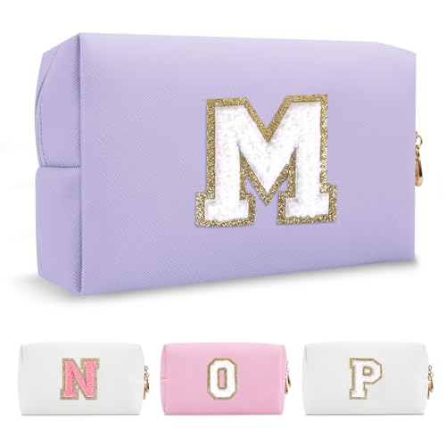Personalized Makeup Bag with Initial Patch - PU Leather Cosmetic Pouch