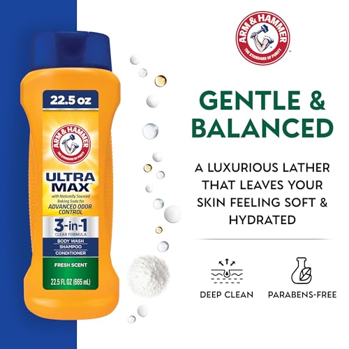 Arm & Hammer Essentials Mens Body Wash - Ultra Max 3-in-1 Cool Water 22.5oz - Mens 3 in 1 Shampoo Conditioner Body Wash - Non Toxic Body Wash