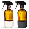 SAVVY PLANET Empty Amber Glass Spray Bottles with Silicone Sleeve Protection - Refillable 16 oz Containers for Cleaning Products, Essential Oils, Misting Plants - Quality Sprayer - 2 Pack