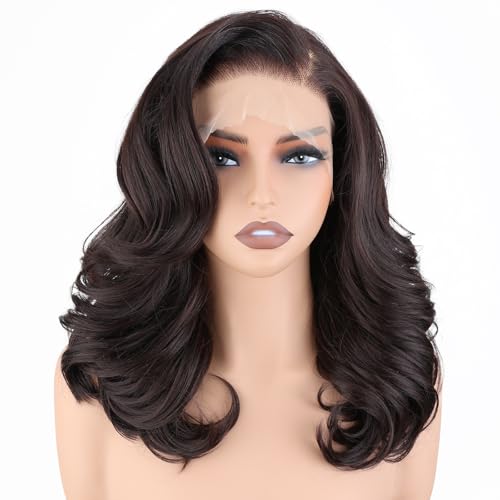 SISgrace Brown 13¡¿6 HD Lace Front Wigs Synthetic Glueless Pre Layered Brown Roots Body Wave Wigs for Women Pre Plucked 18 Inch Tiny Knots Lace Natural Hairline Bob Wig