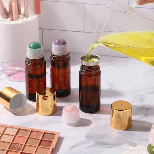 2 pack Large Amber Glass Roll on Bottles for Essential Oils Perfume Refillable Roller Ball Applicator Empty Deodorant Containers with Purple Crystal Rollerball