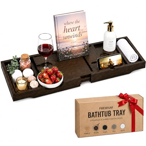 Bamboo Bathtub Tray, Expandable Bath Caddy with Wine Holder