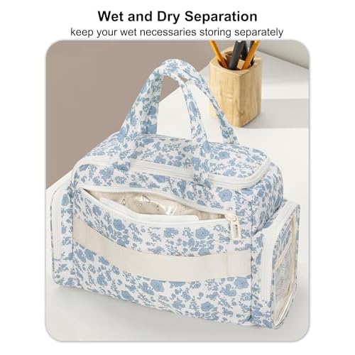 Travel Makeup Bag, Lightweight Wide-open Toiletries Bag for Women, Large Cosmetic Organizer Bag with Makeup Brushes Compartment for Travel-Sized Essentials for Trip, Camping - Blue Flower