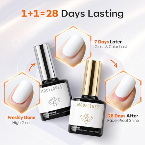 Modelones 3 Pcs Gel Base & No-Wipe Top Coat Set with White Gel Polish