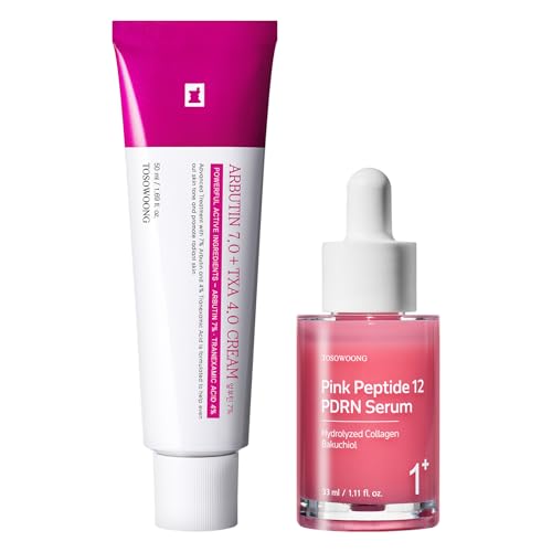 TOSOWOONG K-Beauty Tone-Refining Duo: Arbutin 7 Tranexamic Acid 4 Cream and Pink Peptide 12 PDRN Serum | Trending Ingredients for Uneven Skin Tone & Texture | Tone-Refining and Firming Moisturizer Set