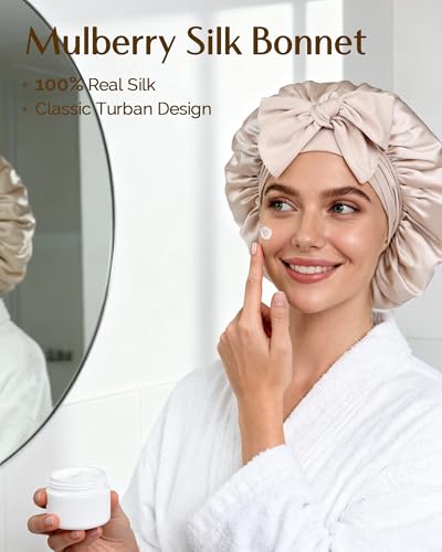 YANIBEST Mulberry Silk Sleep Bonnet for Women - Double Layer Hair Cap with Tie