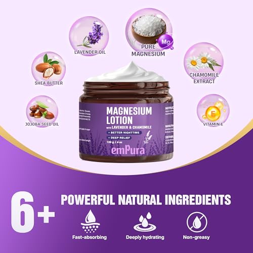 Magnesium Lotion with Lavender, Nighttime Magnesium Cream for Relaxation & Muscle Relief - Hand, Leg & Foot Lotion with Chamomile, Shea Butter & Jojoba Oil - Thoughtful Gifts for Mom (4oz)