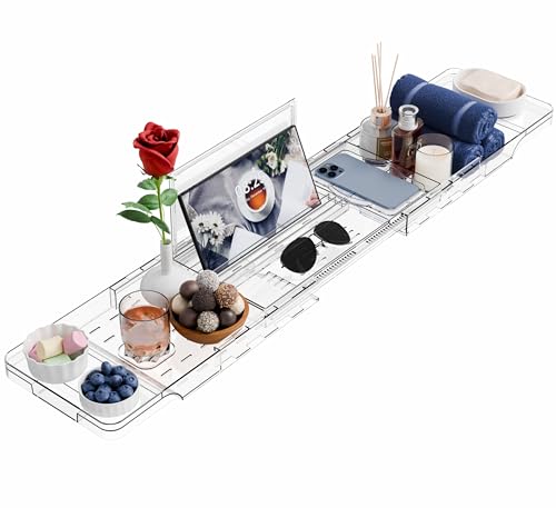 Expandable Bathtub Caddy Tray, Clear Acrylic Bath Shelf with Phone & iPad Holder