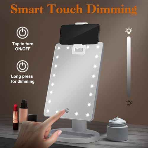 Lighted Makeup Vanity Mirror with Phone Holder and 10X Magnifying Mirror, 21 LED Lighted Mirror with Touch Sensor Dimming, 180¡ÆAdjustable Rotation, Dual Power Supply, Portable Cosmetic Mirror