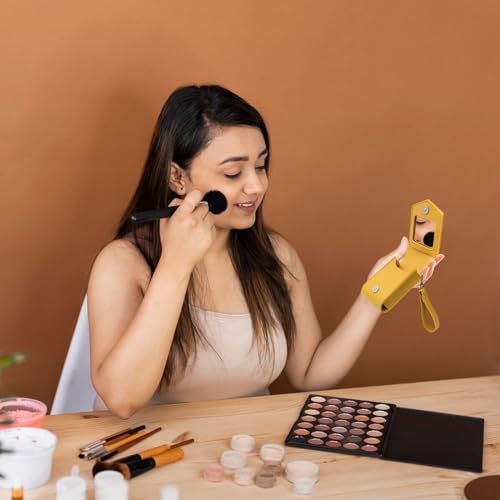 Makeup Case, Leather Lipstick Pouch with Mirror, Wristlet Holder with Removable Keychain, Holds 3 Lipsticks, Magnetic Closure (Yellow)
