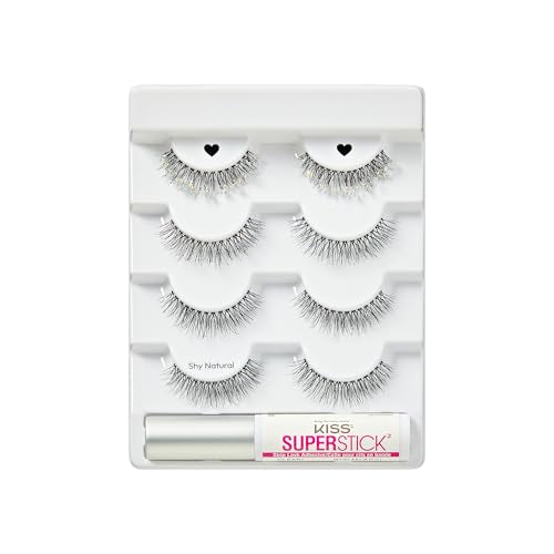KISS So Natural Holiday False Eyelashes, ¡®Shy Natural¡¯, 8mm-10mm, Natural Volume, Tapered Ends, 3 Pairs + 1 Pair with Glitter, KISS SuperStick Strip Lash Adhesive, Clear, Net Wt. 4.8g (0.17 oz.)