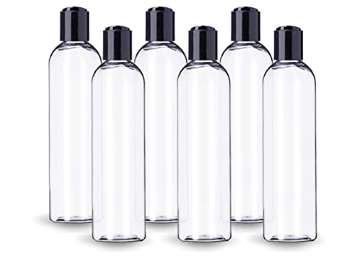8 oz Clear Plastic Refillable Bottles with Black Disc Top Caps - BPA Free, Made in USA