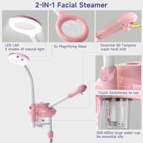Professional Facial Steamer with 5X Magnifying Lamp & Wheels