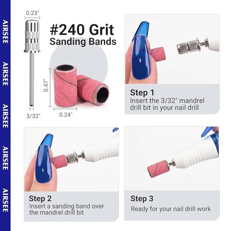 AIRSEE 100-Piece Nail Sanding Bands Set - 240 Grit Fine for Nail Drill