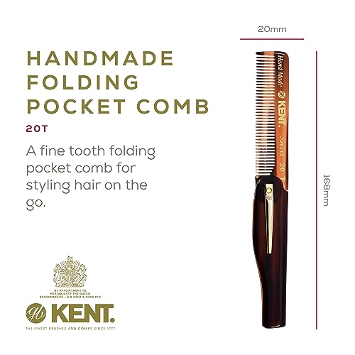 Kent 20T Handmade Folding Pocket Comb for Men, Fine Tooth Hair Comb Straightener for Everyday Grooming Styling Hair, Beard or Mustache, Use Dry or with Balms, Saw Cut Hand Polished, Made in England
