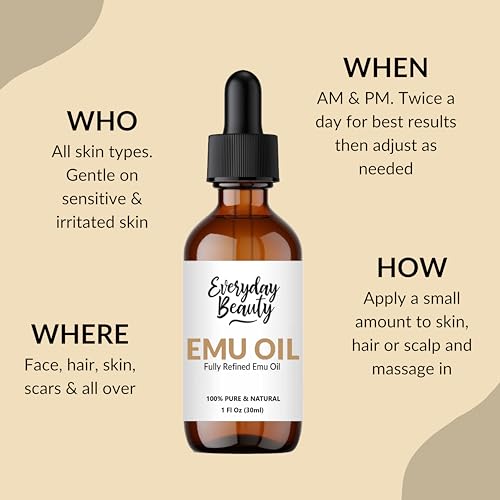 Pure Australian Emu Oil - All Natural 6X Refined for Face, Skin and Hair - Highly Effective Hydration for Sensitive Skin & Hair Growth Perfect for Scars & Blemishes - 1 Fl Oz Glass Bottle & Dropper