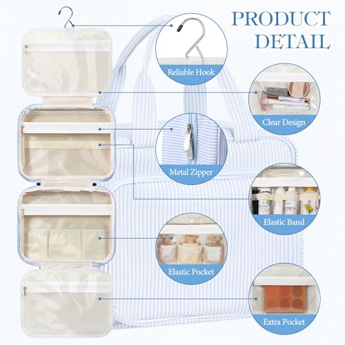 Hanging Toiletry Bag for Women with Detachable Pouch, Travel Toiletry Bag, Travel Size Toiletries, Cosmetic Bags, Seersucker Makeup Bags Gifts for Her Mom Girlfriend Wife Teacher(Blue)